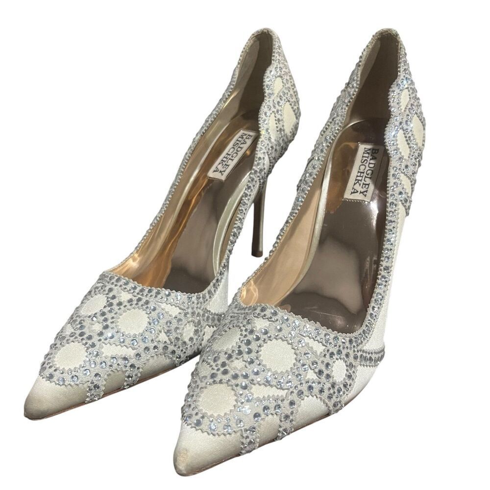 Badgley Mischka Rouge Embellished Dress Pumps Heels in Ivory Satin Pointed Toe